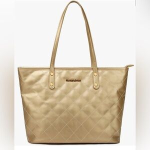 Montana West Gold Quilted Women's Tote‎ Zipper Closure Travel Beach Work Bag NWT